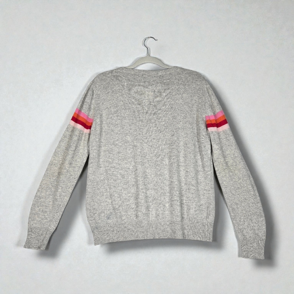 Luella Cashmere Blend Gray Crewneck Sweater Medium / Large Stripe Red Pink Trim - Picture 11 of 16